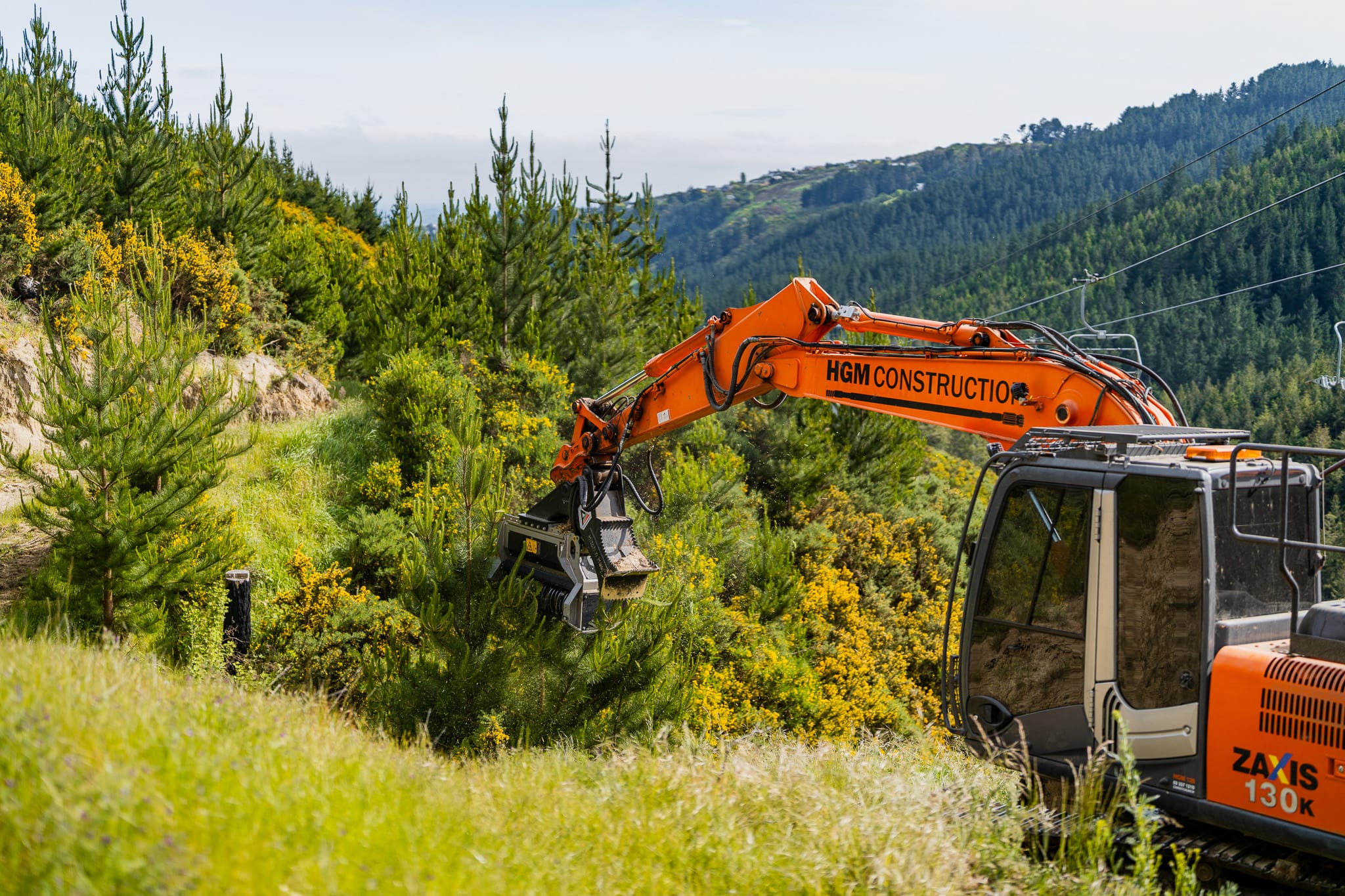 Excavator mulching pine trees on a steep forested site as part of civil construction and site preparation works. The image highlights civil contractors managing vegetation clearance, land development contractors, siteworks and project management in difficult terrain.