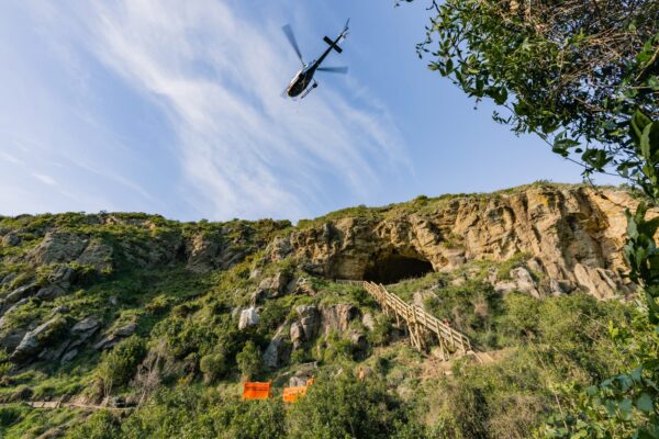 Helicopter operation above Barnett Park during staircase replacement and walking track construction works in a steep valley. The image shows civil contractors managing heli operation, commercial sling logistics, recreation construction, park construction and complex project management.