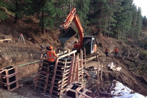 Civil contractors and excavation machinery working around timber formwork during foundation construction for adventure infrastructure in a forested park setting. This image highlights civil construction, site preparation, structure construction and project management on a challenging hillside site.