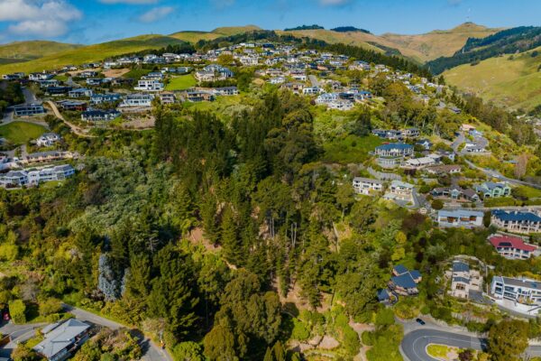 Wide aerial view of a hillside reserve surrounded by residential areas, where walking track construction and recreation construction works have been completed. The image reflects civil construction, project management and siteworks in a challenging natural setting.
