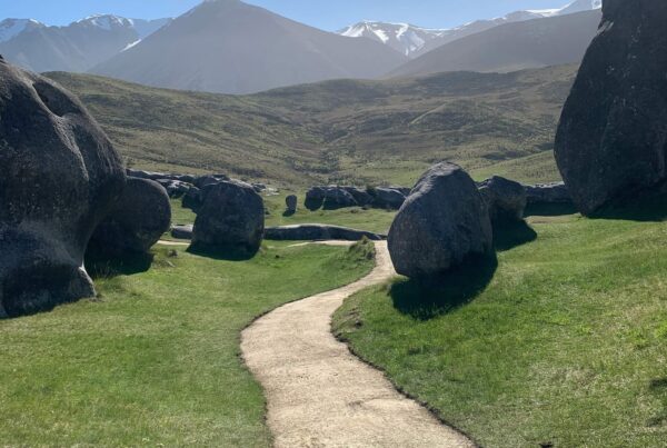Completed walking track construction through the limestone landscapes of Kura Tawhiti Castle Hill, providing improved access across a sensitive recreation area. The image shows civil construction, park construction, siteworks and erosion control completed by civil contractors in New Zealand.