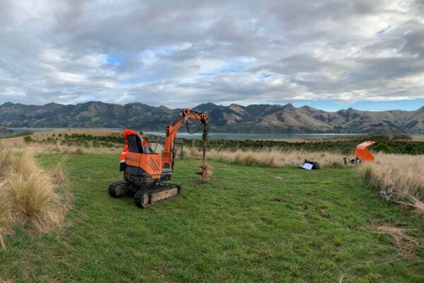 Excavation machinery and civil contractors preparing a coastal hillside site for pou installation and structure construction on Quail Island. This image shows site preparation, foundation construction, park construction, machinery transport and project management in a remote recreation construction setting.