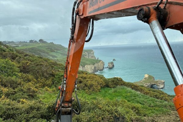 Excavator carrying out walking track construction on a coastal hillside with ocean views and rugged terrain. The image shows civil construction, recreation construction, site preparation and erosion control for safe public access near the shoreline.