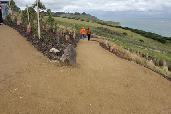Finished walking track construction curving along a coastal slope with planting and edge protection beside the path. The project shows recreation construction, erosion control, site preparation and civil construction for improved public access.