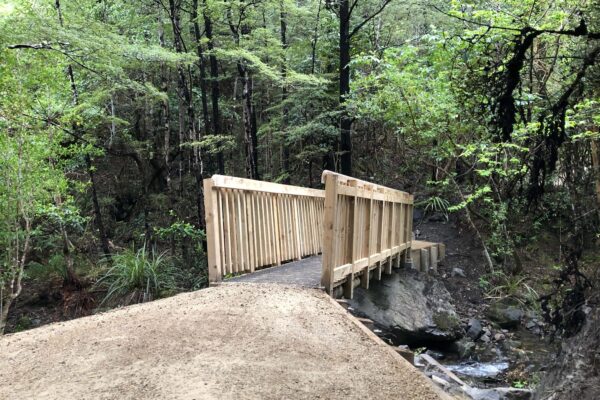 Completed timber bridge structure over a stream in a forest reserve, forming part of a walking track construction and park construction upgrade. This image shows civil construction, recreation construction, bridge construction and timber structures delivered by civil contractors.