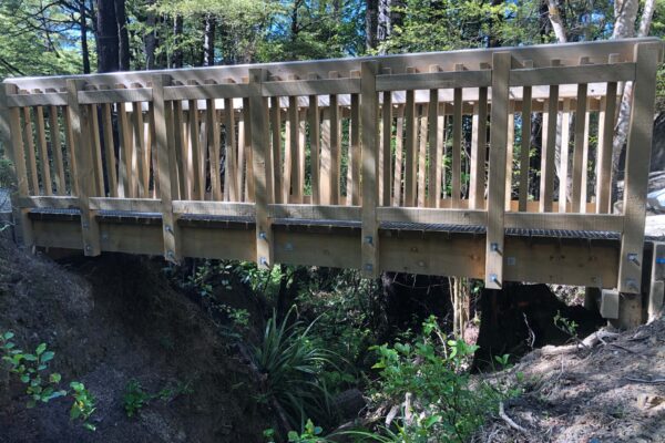 Timber bridge structure built across a small gully as part of walking track construction and recreation construction works. The image shows civil contractors completing bridge construction, timber structures and park construction to improve access through the reserve.